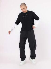 SUMWON Skater Fit Nylon Cargo Pants With Elastic Ankle, Drawstring Waist, Relaxed Fit Streetwear For Winter Sports And Urban Fashion, Versatile Travel Pants - Black - View 3