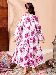 Tween Girl Abaya Kaftan Jalabiya 束腰宽松传统复古印花连衣裙，配有金属饰边 - 玫紅色 - 查看 2