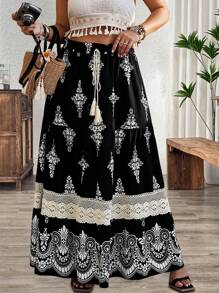 Breezaya Plus Size Women Retro Printed Hollow Out Flare A-Line Skirt, Spring/Summer - Black - View 5
