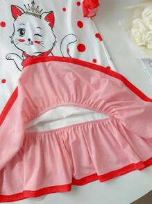SHEIN Camisón informal y lindo con mangas cortas con volantes, diseño de dibujos animados y contraste de colores para niñas jóvenes