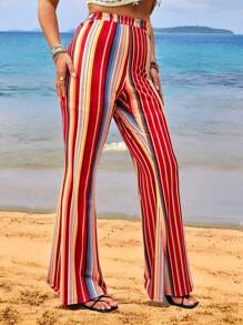 SHEIN Clasi Elegant & Charming Women's Long Elastic Waist Striped Knit Wide Leg Pants, Suitable For Summer & Spring, Plus Size Fall Cloth For Women - Multicolor - View 5