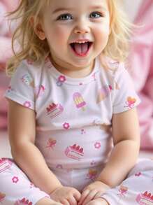 SHEIN Toddler Girls' Cake & Ice Cream Cute Print Fitted Crew Neck Comfy Short Sleeve Pajama Set, Snug Fit, Suitable For Spring/Summer - Multicolor - View 3