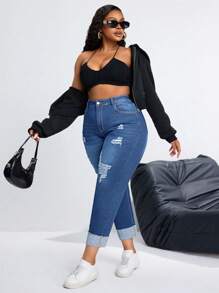 SHEIN SXY Plus Size Stretch Denim Fashion Sexy Long Pants - Medium Wash - View 6