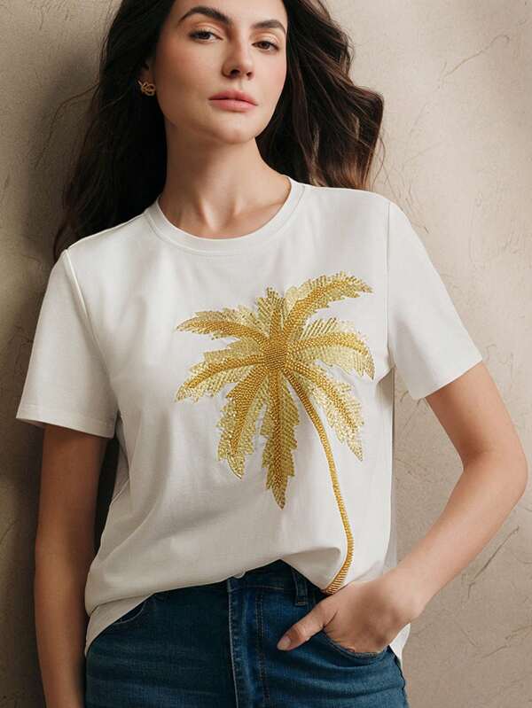 Anewsta Fashionable Vacation Elegant Beach Palm Tree Sequin Embroidery Decorated T-Shirt, Festival Going Out Vacation Outfits For Women, Summer
