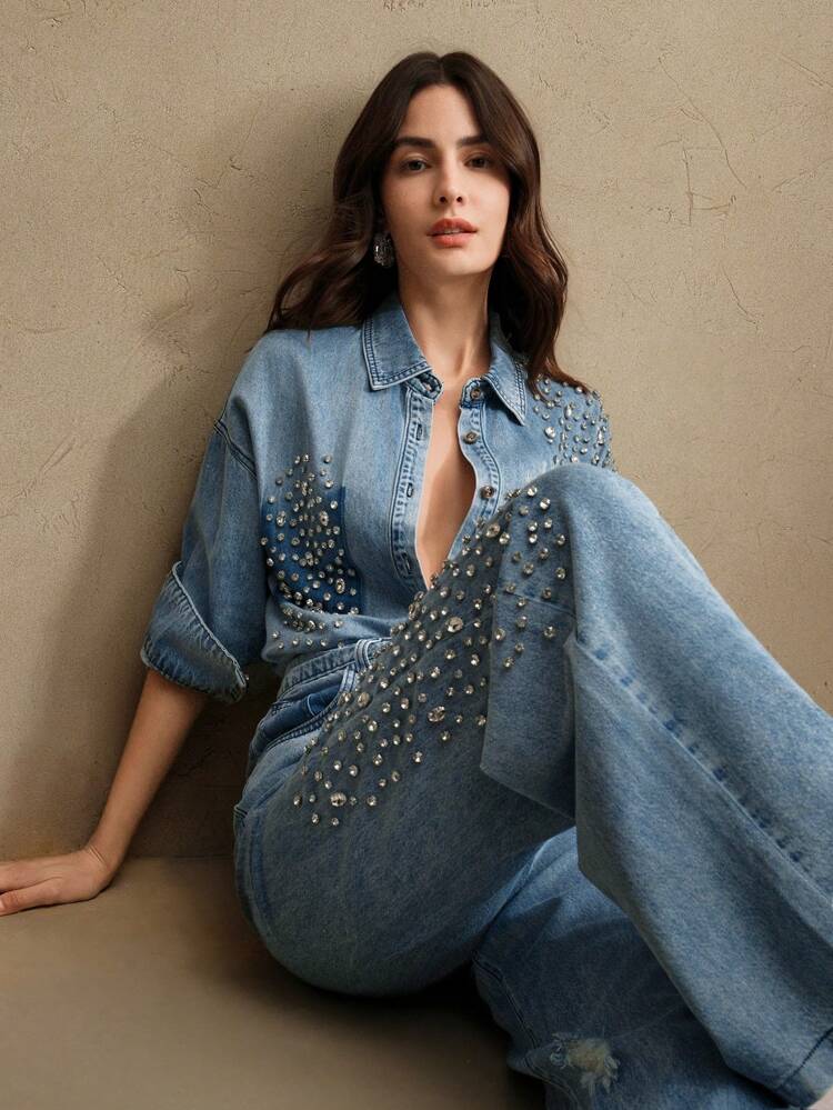 Sparkling Party New Women's Valentine's Day/Mother's Day Heavily Embellished Diamond Denim Shirt, Blue