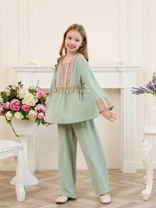 2 件套 Tween 女童薄荷绿简约优雅长袖上衣和休闲长裤套装 - 薄荷綠 - 查看 1