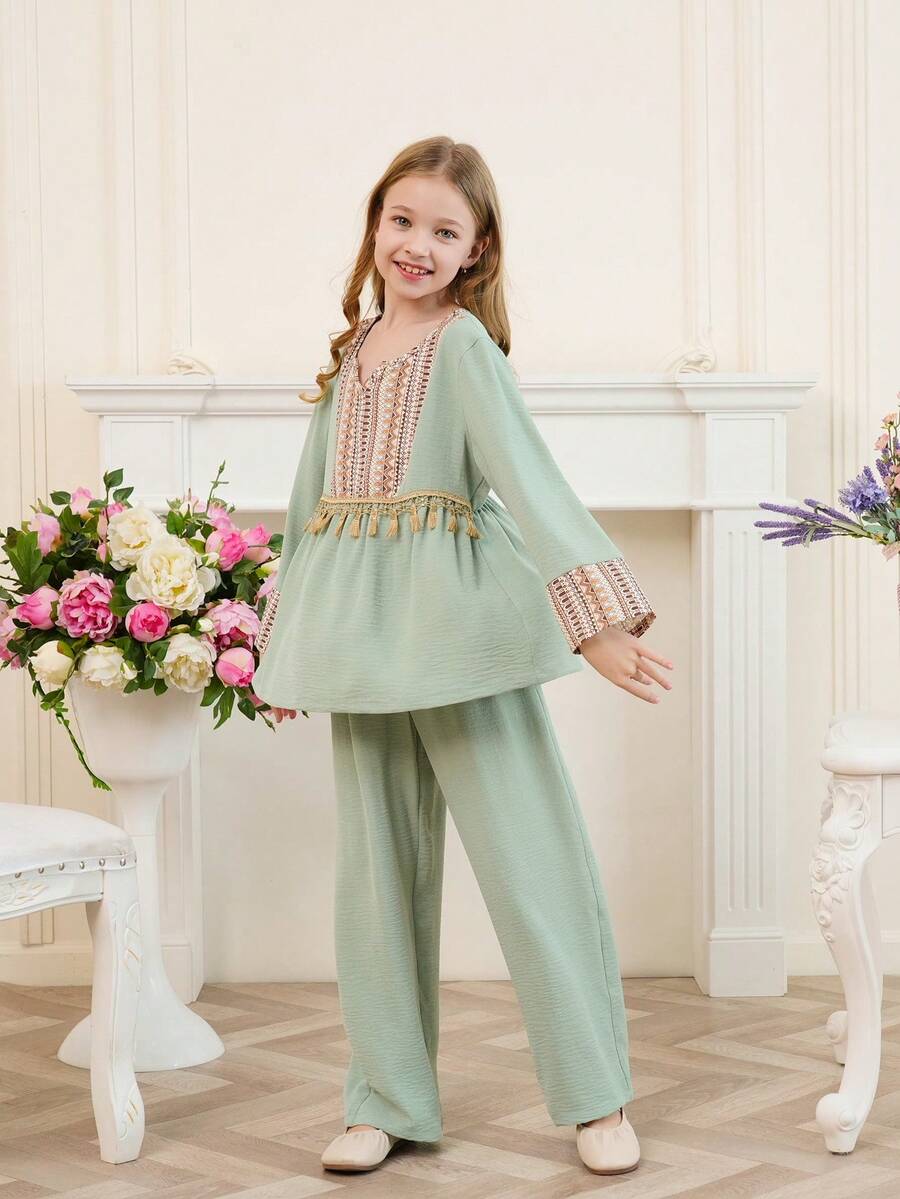 2 件套 Tween 女童薄荷绿简约优雅长袖上衣和休闲长裤套装 - 薄荷綠 - 查看 1