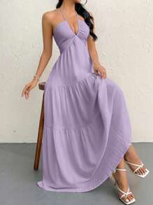 Firerie Women's Chiffon Halter Backless Dress With Tie Back, Suitable For Holiday, Wedding, Ceremony - Violet Purple - View 3