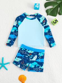 Baby Jungen Hai Muster Langarm Schwimmanzug Set