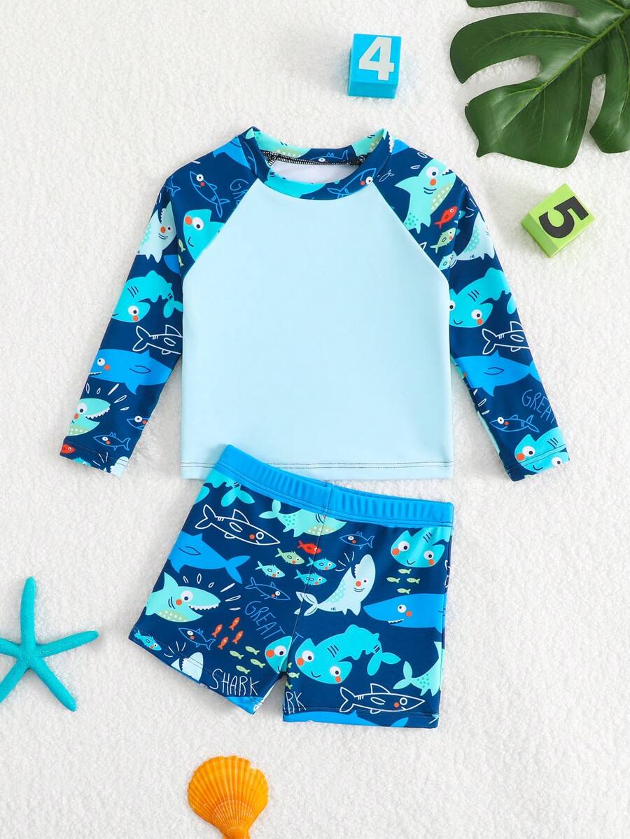 Baby Jungen Hai Muster Langarm Schwimmanzug Set