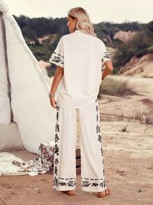 LanaWest Women Graphic Print Standard Fit Shirt + Wide Leg Pants 2 Pieces Casual Suit, Suitable For Vacation And Daily Wear - Apricot - View 2