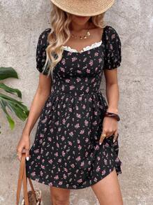 SHEIN LUNE Romantic Ditsy Floral Pleated Mini Dress With Ruffle Hem, Cinched Waist Design, Suitable For Dates, Summer Summer Outfits For Women Sun Dresses For Women Boho Women Summer Resort Wear Women Boho Dress Women Ruffle European Summer Tea Party Dress Fairy Dress Vacation Dress Floral Dress Women - Multicolor - View 6