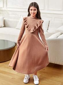 SHEIN Tween Girls Fitted Casual Ribbed Stand Collar Ruffle Hem Long Sleeve Sweater Dress - Khaki - View 3