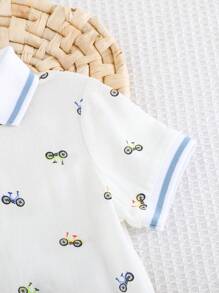 Cozy Pixies 2pcs Baby Boy Set: Cartoon Animal Print Lapel Short Sleeve Top And Elastic Waist Shorts