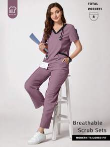 TaskEZ Conjunto de uniforme de pijama quirúrgico con manga corta y pantalón largo en colores contrastantes - Púrpura polvoriento - Ver 1