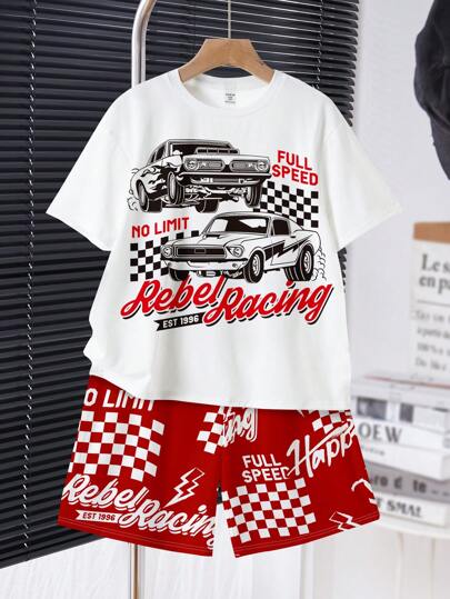 SHEIN Leap Crew Teen Boys' Casual Classic Cool Race Car & Text Graphic Print Short Sleeve Crew Neck 2 Pieces Set, Suitable For Summer