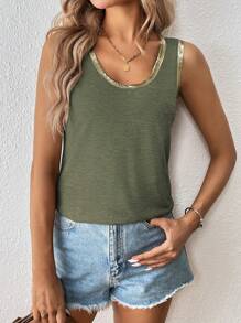 SHEIN Tall Top de tirantes con cuello redondo y recorte de bloques de color para vacaciones - Verde - Ver 6