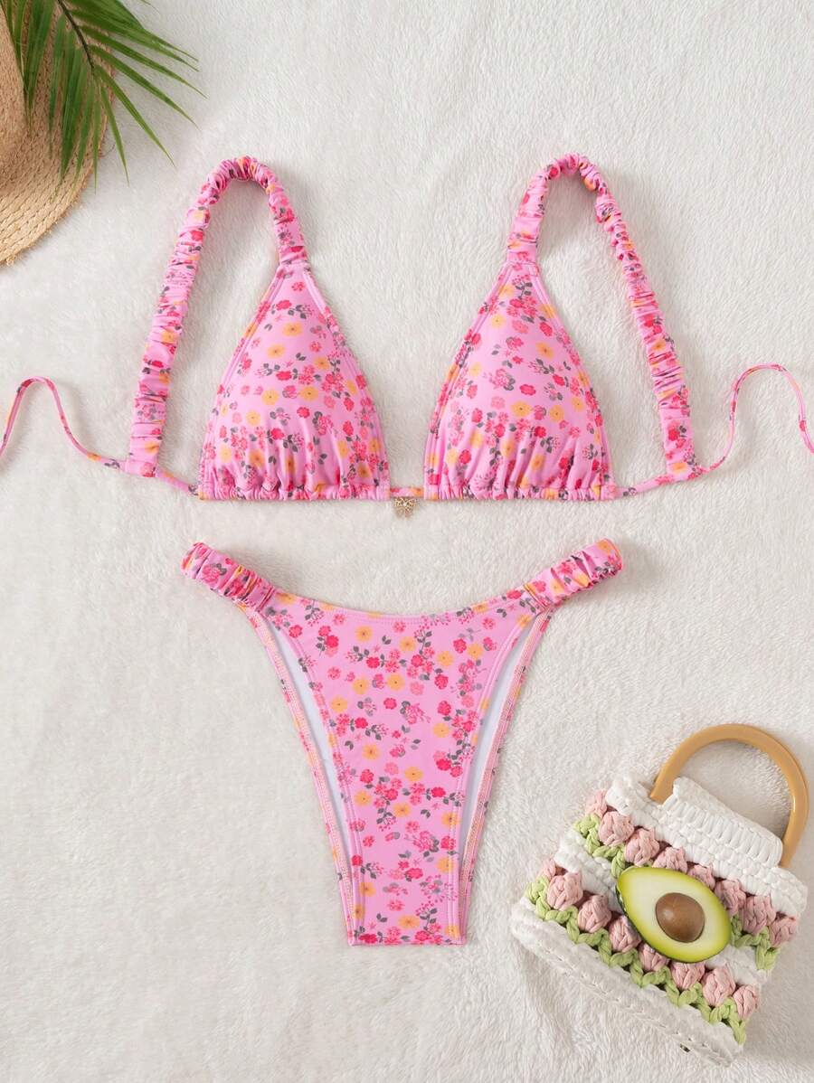 SHEIN Swim 女款夏季海灘度假泳衣套裝,蝴蝶結裝飾隨機印花抓皺肩帶泳衣 - 粉色 - 查看 1
