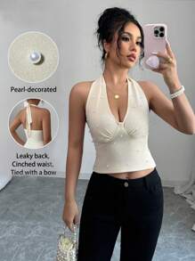 Elenzga 杏仁领带蝴蝶结珍珠装饰优雅女式背心