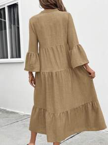 SHEIN LUNE 女式缺口领单排扣长袖休闲连衣裙长款女装 - 卡其色 - 查看 2