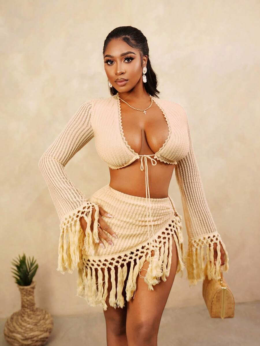 BamGleam Spring And Summer New Fashion Women's Yellow Braided Fabric Short Jacket Fringe Set, Suitable For Beach Vacation Fall Cloth For Women - Yellow - View 1