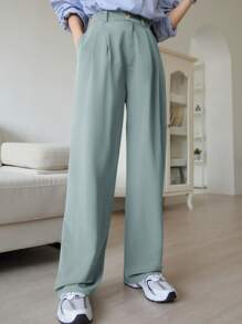 DAZY Women's Plain Pocket Pleated Straight Wide-Leg Casual Pants Business Attire - Baby Blue - View 1