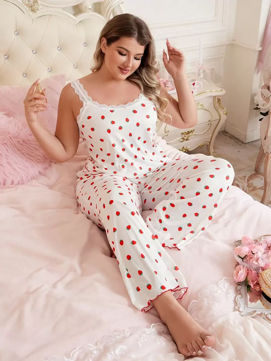 Plus Size Strawberry Ribbed Print Camisole & Pants Pajama Set - Multicolor - View 1