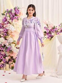 SHEIN 少女編織花卉印花v領收縮泡袖連衣裙 - 淡紫色 - 查看 3