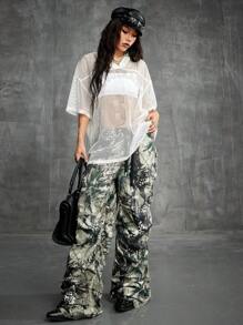 Coolane 女士春夏日常穿着 Y2K 运动服网眼数字图案图形大码白色运动衫