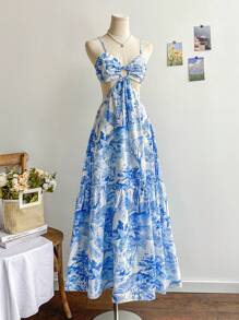 Soleia 女式复古花卉印花 V 领镂空腰 A 字形连衣裙，配有金属环装饰，度假、派对、休闲海滩、下午茶、约会 - 藍白色 - 查看 4