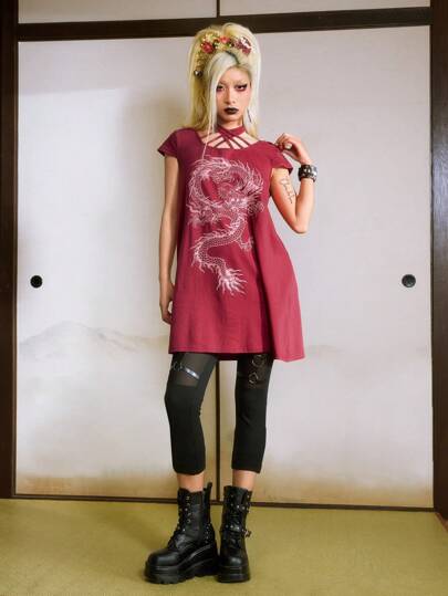 J-Fashion Chemise longue style ras-du-cou à imprimé dragon, mode d'été pour femmes