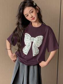 Dazy Kids 青少年女孩圆领针织蝴蝶印花短袖 T 恤，春夏季，返校服装 - 紫羅蘭色 - 查看 4