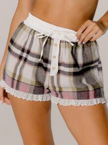 Aralina Pantalones cortos de franela con botones, volantes en el dobladillo y contraste