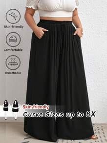 SHEIN CURVE+ Plus Size Women's Wide Leg Pants With Waist Tie