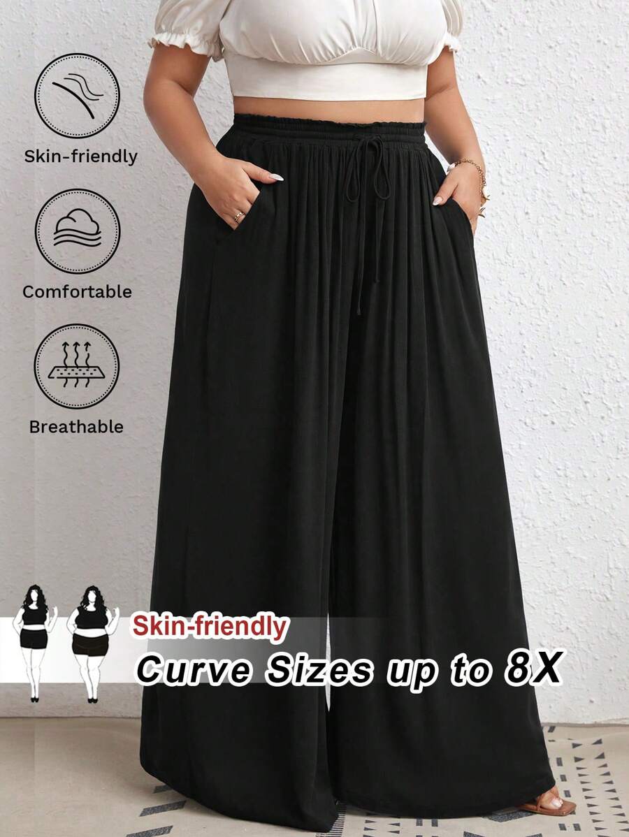 SHEIN CURVE+ Plus Size Women's Wide Leg Pants With Waist Tie
