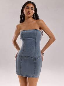 SHEIN BAE Women's Denim Strapless Mini Dress, Simple & Stylish, Suitable For Summer - Blue - View 5