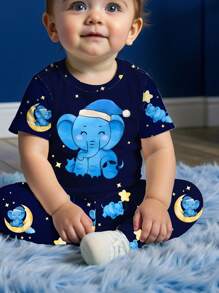 SHEIN Baby Boy Casual Cute Elephant & Moon Pattern Slim Fit Round Neck Comfy Short Sleeve Pants Set, Snug Fit For Spring/Summer - Multicolor - View 4