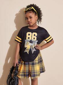 2 件套女童数字蝴蝶结印花短袖黄色图案 T 恤和黄色格子印花裙套装 - 彩色 - 查看 3