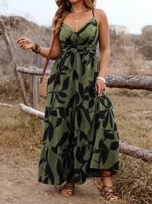 SHEIN Clasi Plus Size Women's Spring/Summer Western Style Boho Floral Sleeveless Dress With Ruffled Layered Hem, Suitable For Holiday, Vacation, Commute - Army Green - View 1