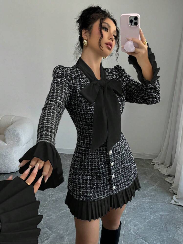 Elenzga Robe courte avec col en nœud papillon, colorblocking, design plissé, automne/hiver