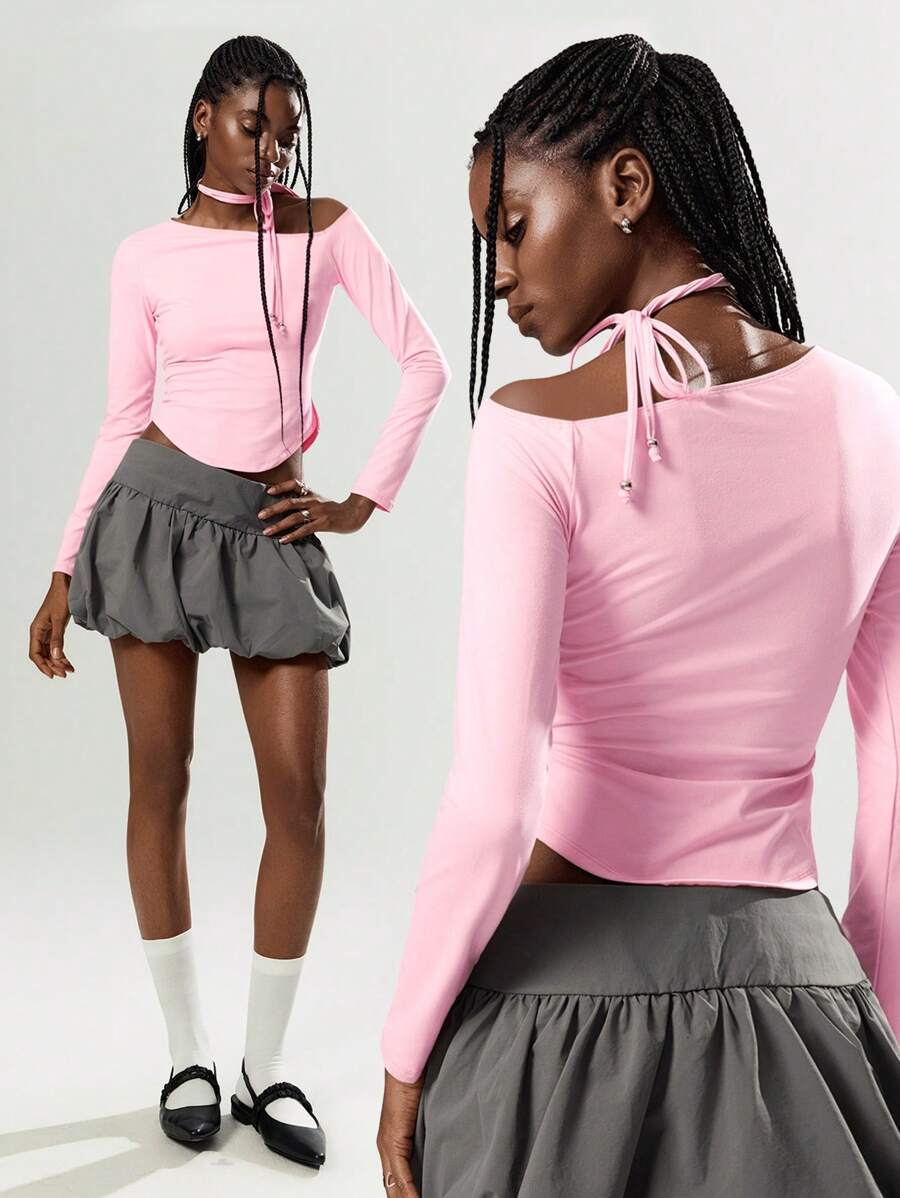 Easelle Women's Pink Asymmetric Neck Long Sleeve Knit Form-Fitting T-Shirt 2025 Office Siren