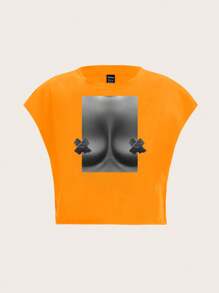 Slaydiva 休闲性感胸部图案圆领短袖宽松短款女式 T 恤，适合夏季 - 橘色 - 查看 2