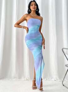 Firerie Women's Tie Dye Tie-Dye Print Ruched Asymmetric Hem Mesh Sling Dress - Blue - View 3