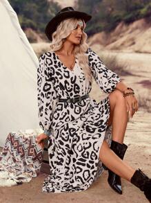 LanaWest Women's Leopard Print Loose Casual Midi Dress, Suitable For Countryside, Daily Life, Vacation - Multicolor - View 5