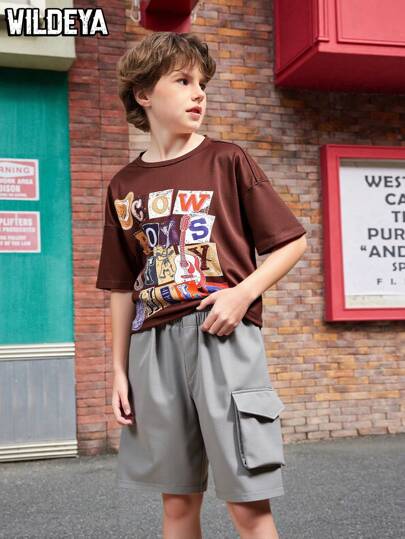 SHEIN Tween Boys 2pcs Sets - Khaki Funny English Letter Print T-Shirt Paired With Cargo Pants, Fashionable Streetwear Outfit, Suitable For Outdoor Activities And Daily Wear