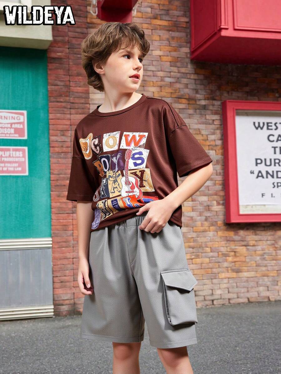 SHEIN Tween Boys 2pcs Sets - Khaki Funny English Letter Print T-Shirt Paired With Cargo Pants, Fashionable Streetwear Outfit, Suitable For Outdoor Activities And Daily Wear