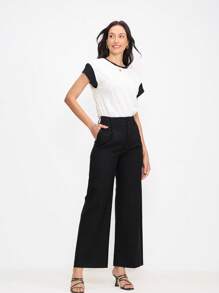 EMERY ROSE Elegantes, lässiges, plissiertes Farbblock Rundhals Kurzarm Damen T-Shirt