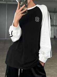 DAZY Two Tone Letter Graphic Raglan Sleeve Tee Jersey Long Sleeve Women Tops - Black and White - View 3