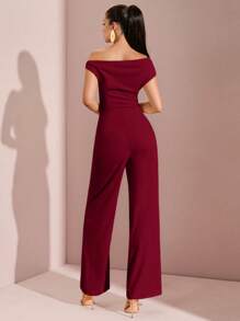 SHEIN BAE 女式不对称褶皱阔腿连体裤，适合春夏季度假、海滩、泳池派对、庆典、约会之夜、外出 - 酒紅色 - 查看 2