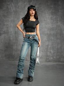 Coolane Women's Spring And Summer For Date Night Concert Y2K Sparkly Rhinestone Square Neck T-Shirt - Grey - View 8